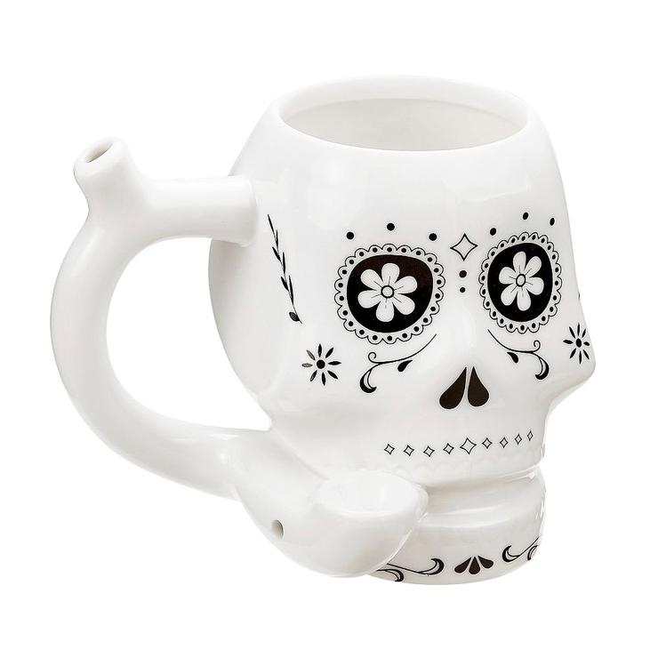 Mug-White-Ceramic Skull Pipe Mug #WCSKL